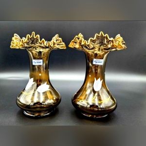BOHEMIA Crystalex Gold Trimmed Two Hand Painted Broen Vases